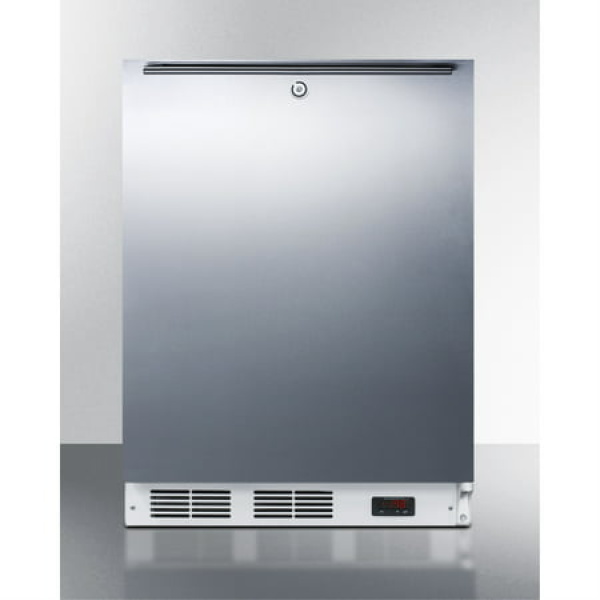 ADA compliant freestanding medical all-freezer capable of -25 C operation with lock wrapped stainless steel door and horizontal handle