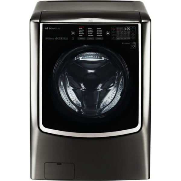 WM9500HKA 30 Mega Capacity Washer with 5.8 cu. ft. Capacity Steam Technology. Elevated Angled Door 14 Wash Programs Smart ThinQ in Black Stainless Steel