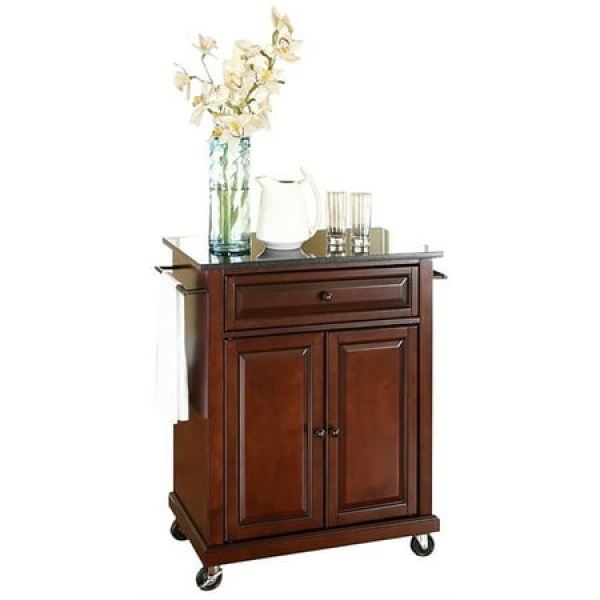 Bowery Hill Traditional Wood Kitchen Cart with Granite Top in Mahogany/Black