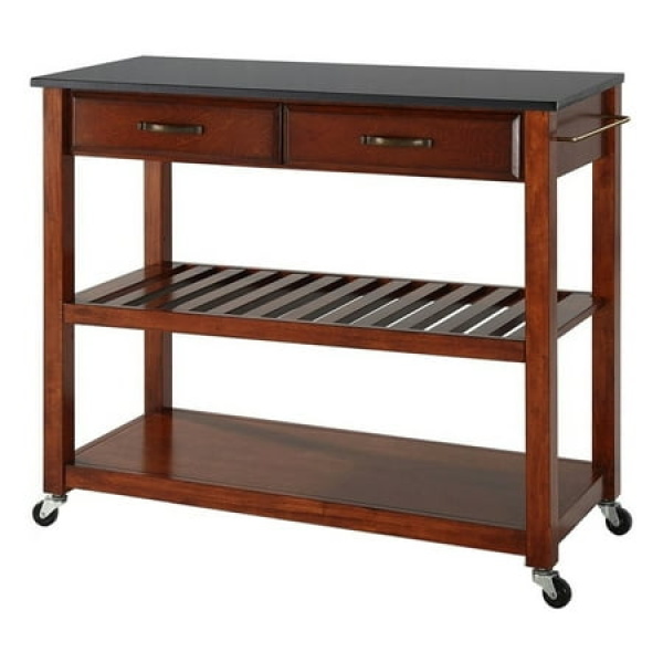 Pemberly Row 2-Drawer Wood/Granite Top Kitchen Cart in Cherry/Black