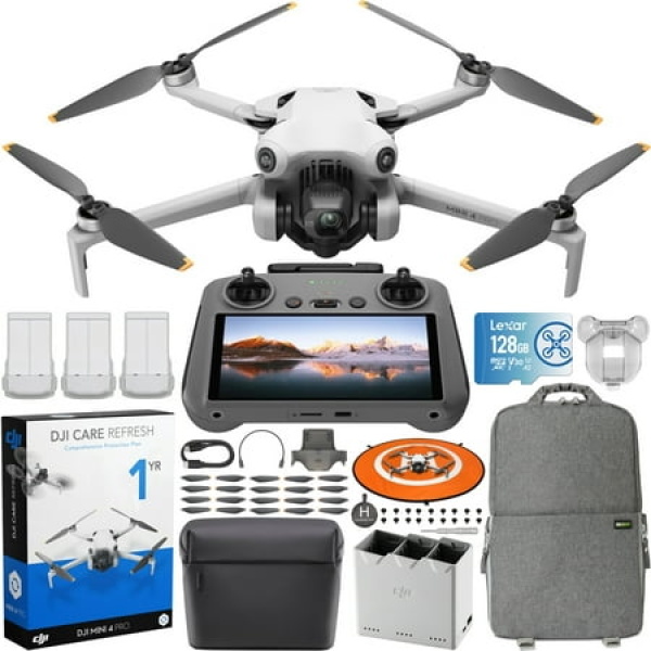 DJI Mini 4 Pro Folding Drone with RC 2 Remote (With Screen) Fly More Combo Plus 4K HDR Under 249g Omnidirectional Sensing 3 Plus Batteries Bundle with 1 Year DJI Care Refresh Plan & Accessories