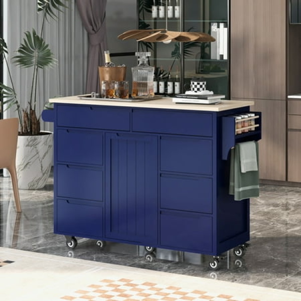 Kitchen Cart with Rubber Wood Countertop Kitchen Island has 8 Handle-Free Drawers Including a Flatware Organizer and 5 Wheels for Kitchen Dinning Room Dark Blue