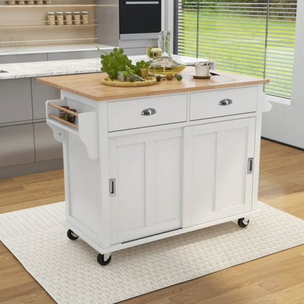 Kitchen Cart with Rubber wood Drop-Leaf Countertop Concealed sliding barn door adjustable height Kitchen Island on 4 Wheels with Storage Cabinet and 2 Drawers White