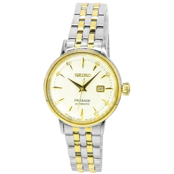 SRE010J1 Presage Cocktail Time White Lady Diamond Accents Gold Dial Automatic Womens Watch, Black - Adult