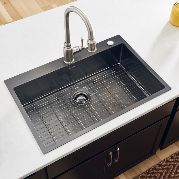 Ruvati USA RVH5005BL 33 x 22 in. Stainless Steel Drop-in Topmount 16 Gauge Single Bowl Kitchen Sink, Gunmetal Black