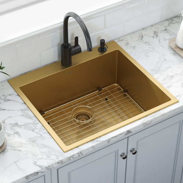 Ruvati USA RVH5007GG 25 in. Polished Brass Drop-in Topmount Single Bowl Kitchen Sink - Matte Gold