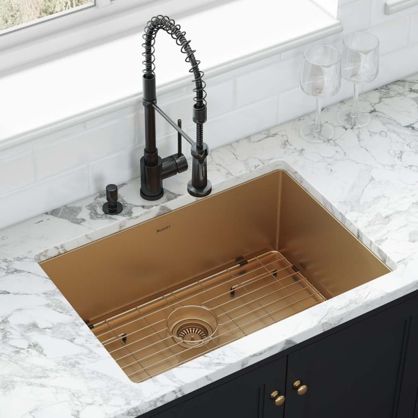 Ruvati USA RVH6127GG 27 in. Undermount Satin Stainless Steel 16 Gauge Single Bowl Kitchen Sink, Brass Tone Matte Gold