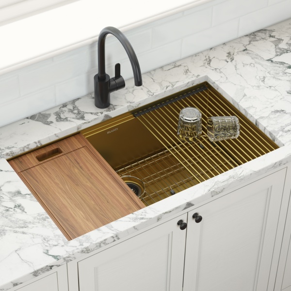 Ruvati USA RVH6527GG 27 in. Polished Brass Workstation Undermount Single Bowl Kitchen Sink - Matte Gold