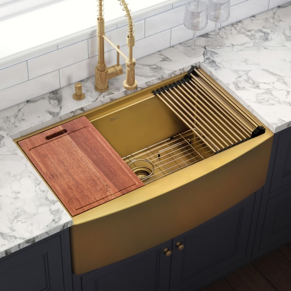 Ruvati USA RVH9106GG 30 in. Station Apron-Front Stainless Steel Kitchen Sink - Matte Gold Brass Tone