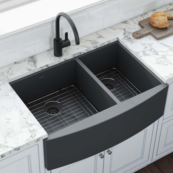 Ruvati USA RVH9742BL 33 in. Stainless Steel 60-40 Double Bowl Apron-Front Farmhouse Kitchen Sink, Gunmetal Black