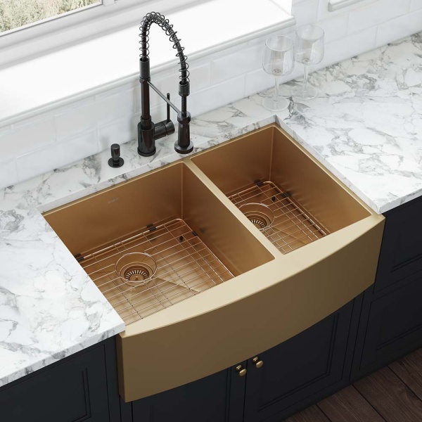 Ruvati USA RVH9742GG 33 in. Satin Stainless Steel 60-40 Double Bowl Apron-Front Farmhouse Kitchen Sink, Brass Tone Matte Gold