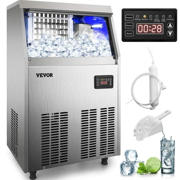 VEVOR 110V Commercial Ice Maker 80-90lbs/24H with 33lbs Bin Full Heavy Duty Stainless Steel Construction Automatic Operation Clear Cube for Home Bar Include Water Filter Scoop Connection Hose