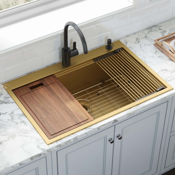 33 in. Polished Workstation Drop-in Topmount Single Bowl Kitchen Sink - Matte Gold Brass Tone