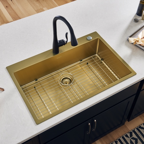 33 x 22 in. Satin Stainless Steel Drop-in Topmount Single Bowl Kitchen Sink, Brass Tone Matte Gold