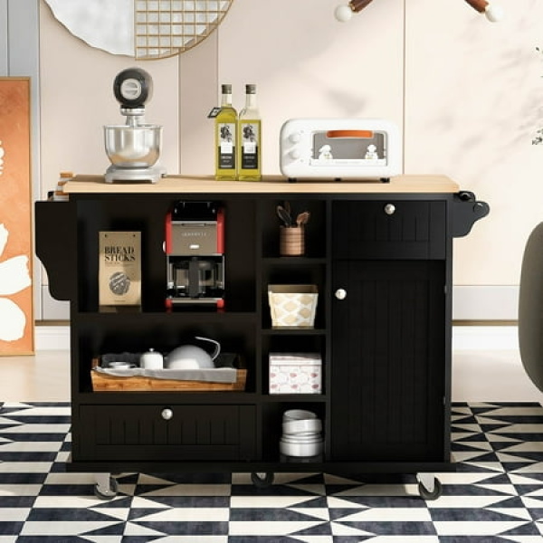 CUH Kitchen Island Cart Two Locking Wheels Cabinets Cupboard Solid Wood Desktop Sideboards With Storage Home Modern Floor Standing Rolling Microwave Cabinet Black