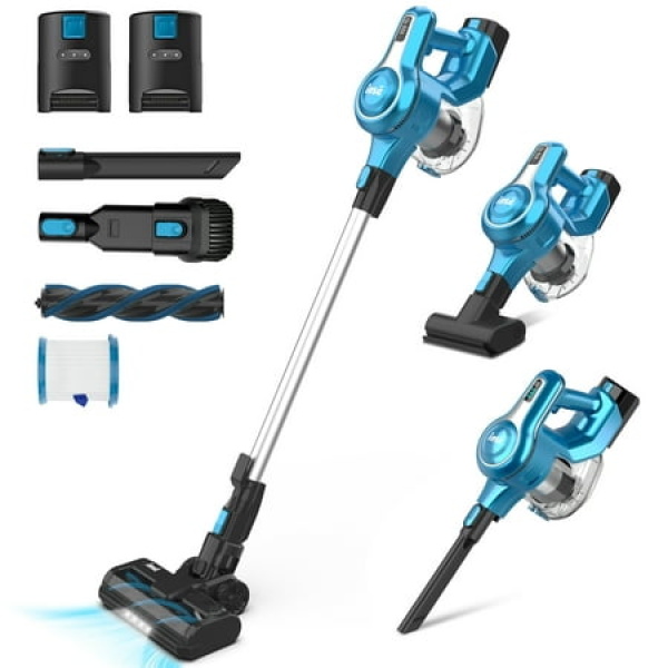 INSE Cordless Vacuum Cleaner with 2 Batteries 8-in-1 Lightweight Stick Vacuum Up to 90mins Run-time 30kPa 300W Powerful Suction Rechargeable Battery Vacuum for Pet Hair Hardwood Floor Carpet