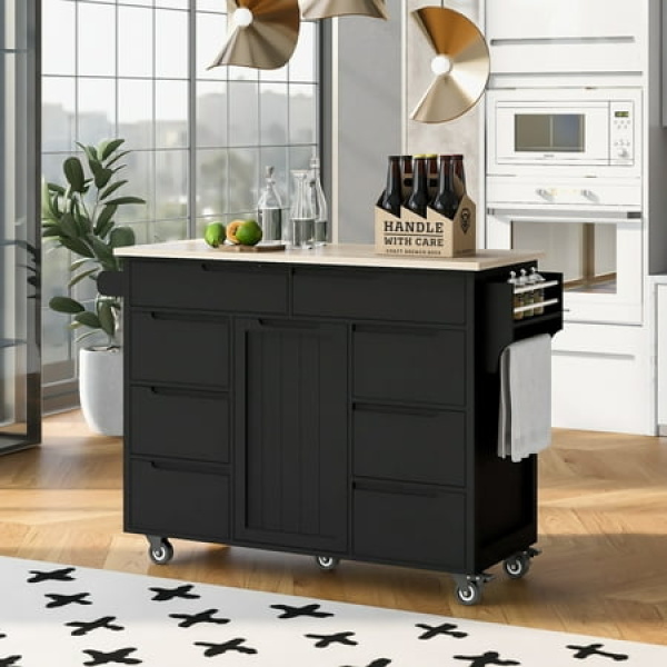 Kitchen Cart with Rubber Wood Countertop Kitchen Island has 8 Handle-Free Drawers Including a Flatware Organizer and 5 Wheels for Kitchen Dinning Room Black