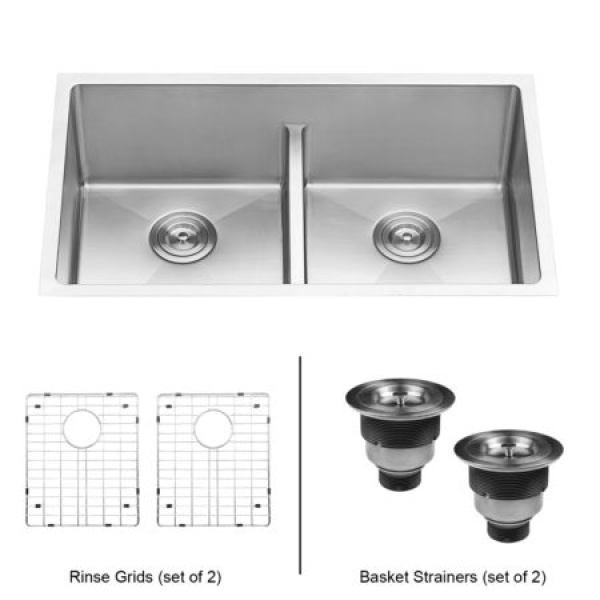 30 in. Low-Divide Undermount Tight Radius 50 & 50 Double Bowl 16 Gauge Stainless Steel Kitchen Sink