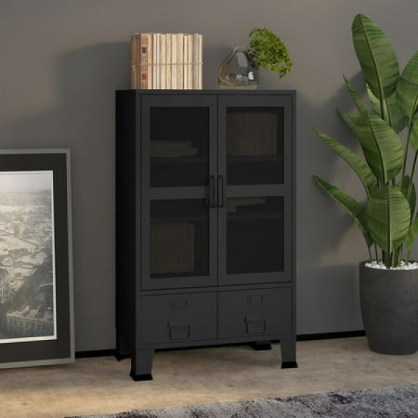 Dcenta Industrial Storage Cabinet with 2 Adjustable Shelves 2 Storage Drawers and 2 Mesh Doors Metal Sideboard Black for Living Room Kitchen Dining Room 27.6 x 15.7 x 45.3 Inches (W x D x H)