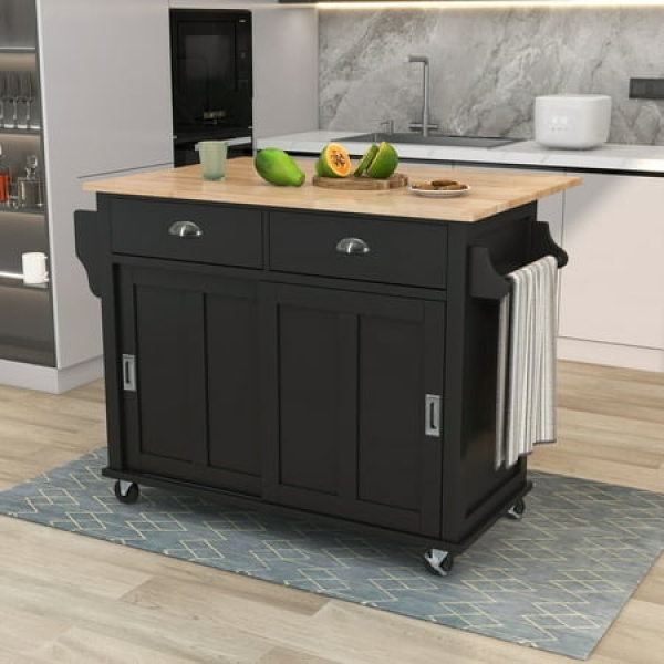 Kitchen Cart with Rubber wood Drop-Leaf Countertop Concealed sliding barn door adjustable height Kitchen Island on 4 Wheels with Storage Cabinet and 2 Drawers Black