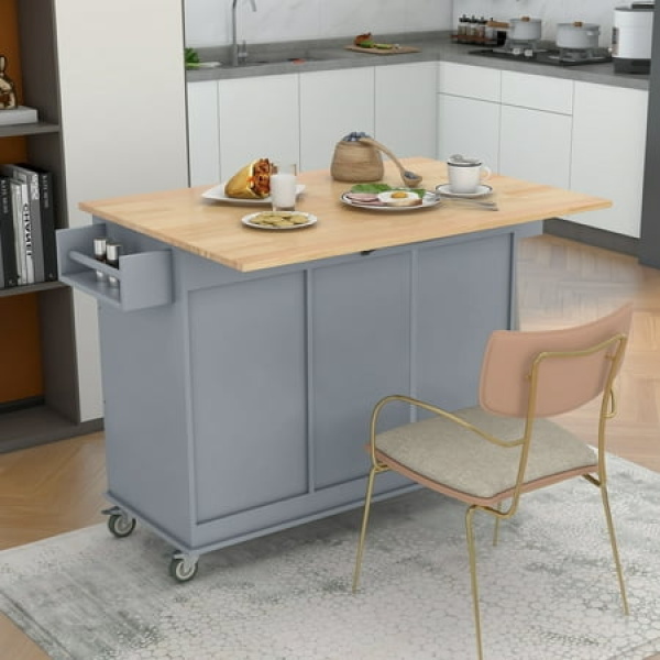 Rolling Mobile Kitchen Island with Solid Wood Top and Locking Wheels,52.7 Inch Width,Storage Cabinet and Drop Leaf Breakfast Bar(Grey Blue)