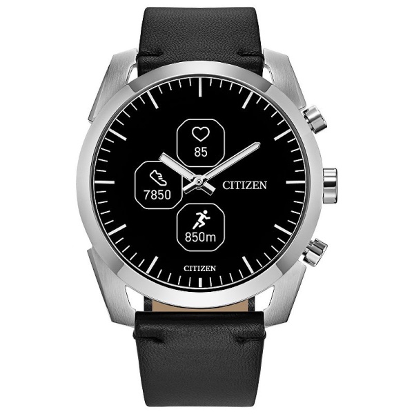 Citizen CZ SMART Stainless Steel Hybrid Sport Smartwatch with Black Leather Strap, Large