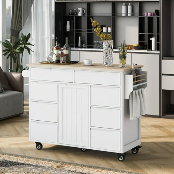 Kitchen Cart with Rubber Wood Countertop Kitchen Island has 8 Handle-Free Drawers Including a Flatware Organizer and 5 Wheels for Kitchen Dinning Room White