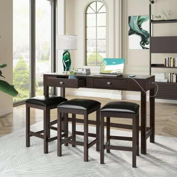 TOPMAX 4-Piece Counter Height Table Set with Socket and Leather Padded Stools Espresso