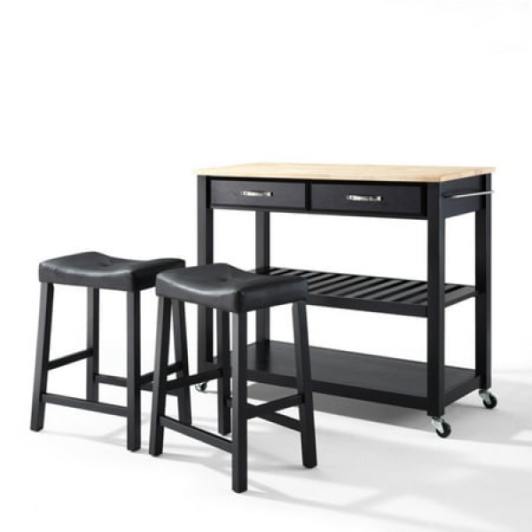 Crosley Black Granite Top Kitchen Cart with Saddle Stools in Black