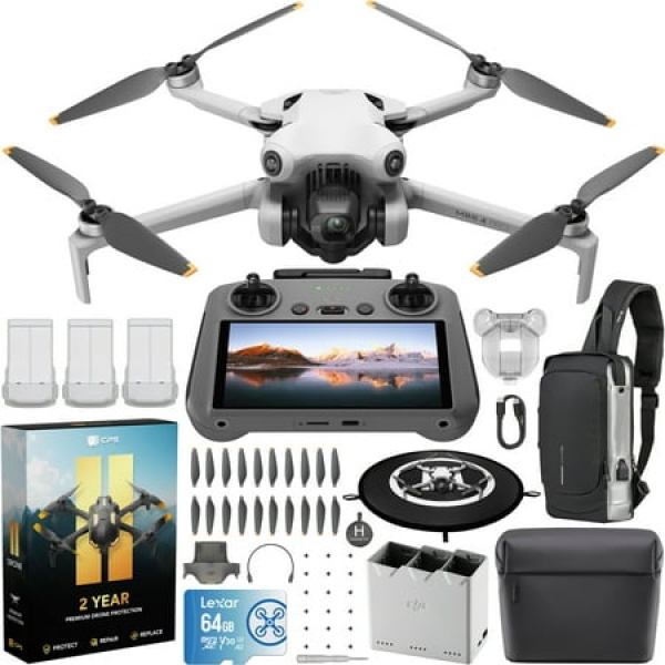 DJI Mini 4 Pro Folding Drone with RC 2 Remote (With Screen) Fly More Combo Plus 4K Under 249g Omnidirectional Sensing 3 Plus Batteries + 2 Year CPS Extended Warranty & Voyager Accessories Bundle