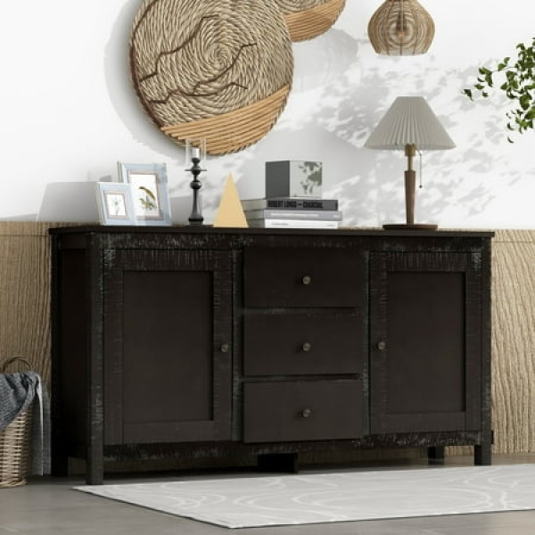 Nmkwnr Solid Wood Buffet Cabinet with Adjustable Shelves and 3 Drawers for Living Room Dark Brown