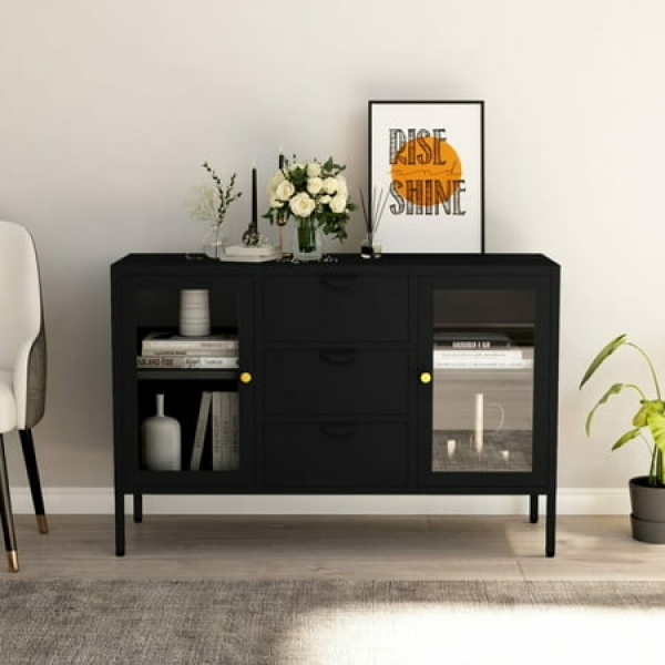 ikayaa Sideboard Black 41.3 x13.8 x27.6 Steel and Tempered Glass