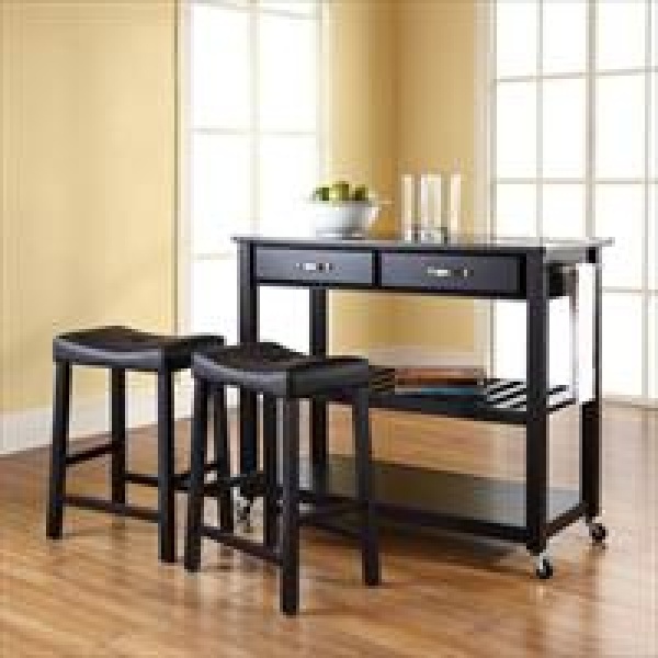 Crosley Furniture KF300544BK Solid Black Granite Top Kitchen Cart-Island in Black Finish With 24 in. Black Upholstered Saddle Stools