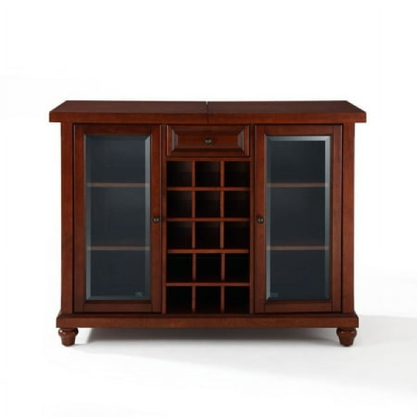 Exquisite Sliding Top Bar Cabinet | Solid Hardwood & Veneers | Beveled Glass Doors | Raised Panel Drawer | Ample Storage & Wine Rack | Vintage Mahogany Finish