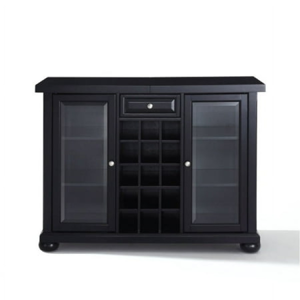 Exquisite Solid Hardwood Sliding Top Bar Cabinet with Glass Doors & Wine Storage - Timeless Design Ample Storage Adjustable Shelves - Black Finish