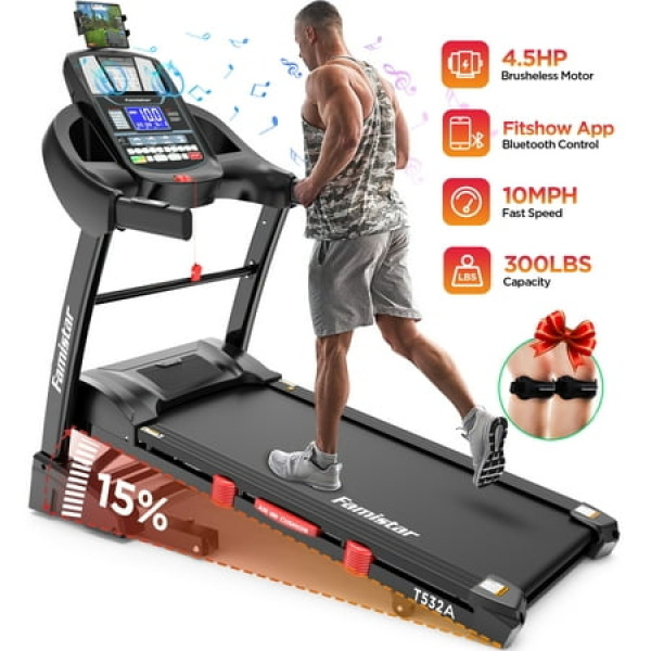 Famistar 4.5HP Folding Treadmill w/ APP control Portable Foldable 15 Levels Auto Incline Treadmill for Home Office 300lbs Capacity Adjustable iPad Holder Max 10MPH Speed Knee Strap Gift