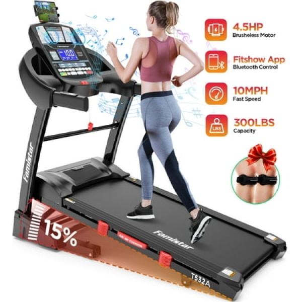 Famistar Foldable Incline Treadmill for Home 300 lbs Capacity Electric Treadmills with 15 Levels Auto Incline APP Control & Stereo Bluetooth 64 Preset Programs 4.5HP Brushless Motor Ultra Silent