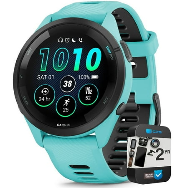 Garmin 010-02810-02 Forerunner 265 GPS Smartwatch Aqua/Black Bundle with 2 YR CPS Enhanced Protection Pack