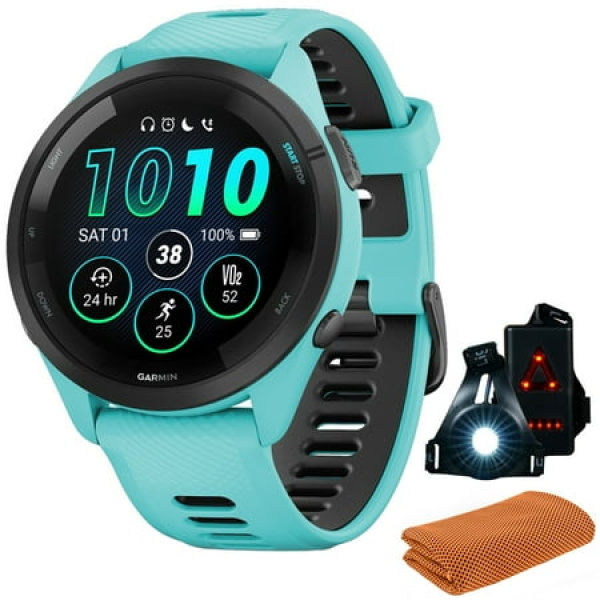 Garmin 010-02810-02 Forerunner 265 GPS Smartwatch Aqua/Black Bundle with Workout Cooling Sport Towel + Deco Essentials Wearable Commuter Front & Rear Safety Light