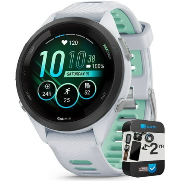 Garmin 010-02810-04 Forerunner 265S GPS Smartwatch Whitestone/Neo Tropic Bundle with 2 YR CPS Enhanced Protection Pack