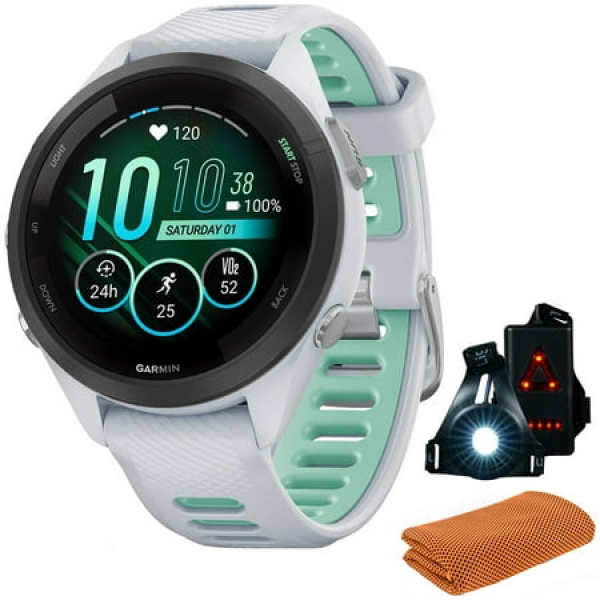 Garmin 010-02810-04 Forerunner 265S GPS Smartwatch Whitestone/Neo Tropic Bundle with Workout Cooling Sport Towel + Deco Essentials Wearable Commuter Front & Rear Safety Light