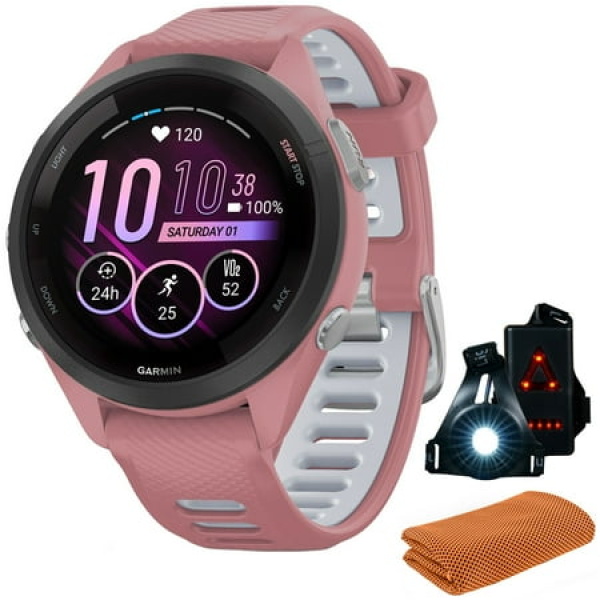 Garmin 010-02810-05 Forerunner 265S GPS Smartwatch Light Pink/Whitestone Bundle with Workout Cooling Sport Towel + Deco Essentials Wearable Commuter Front & Rear Safety Light