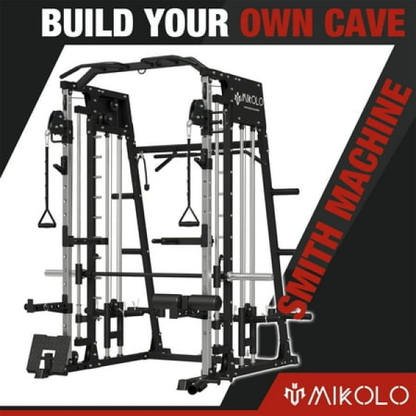 Mikolo Smith Machine Home Gym 2200 lbs Power Rack Cage with Cable Crossover Weight Bar 360° Landmine Barbell Holders and Other Attachments Total Body Strength Training Cage