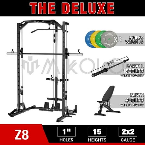 Mikolo Smith Machine Home Gym Multi-Functional Squat Rack with Cable Crossover System Workout station with Weight Bar Dip Bars Bend Peg and Other Functional Attachments Home Gym Package