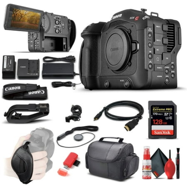 Canon EOS C70 Cinema Camera (RF Lens Mount) (4507C002) + 128GB Extreme Pro SD Card + HDMI Cable + Case + Card Reader + Cleaning Set + Cap Keeper + Hand Strap