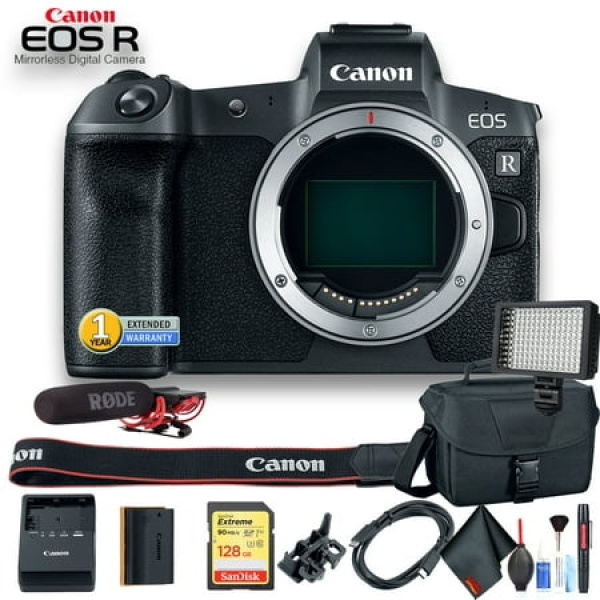 Canon EOS R Mirrorless Digital Camera Intl Model W/ Bag Extra Battery Rode Mic Extended Warranty 128 GB Memory Card LED Light and More