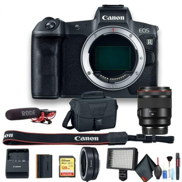 Canon EOS R Mirrorless Digital Camera Intl Model W/ Canon RF 50mm Lens Bag 128GB Card Extra Battery Rode Mic Extended Warranty LED Light Canon Mount Adapter