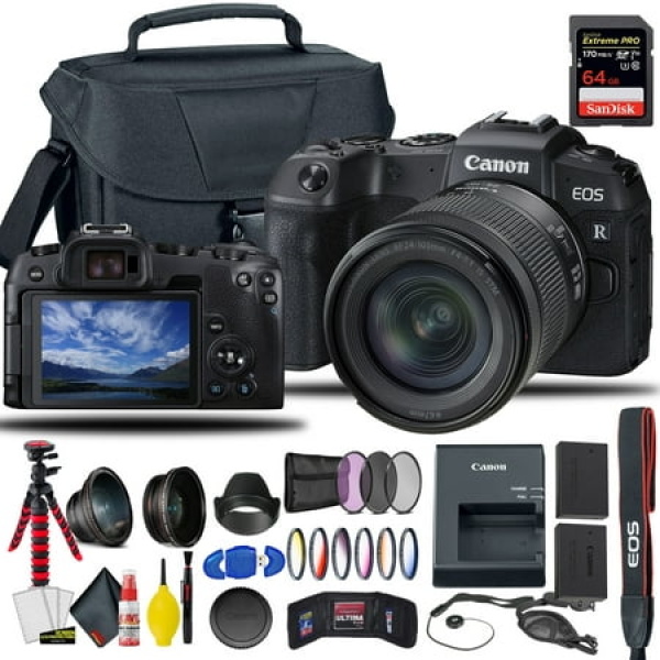 Canon EOS RP Mirrorless Digital Camera with 24-105mm f/4-7.1 Lens + Extra Canon Battery Creative Filters + EOS Camera Bag + Sandisk Extreme Pro 64GB Card + 6AVE Cleaning Set + More