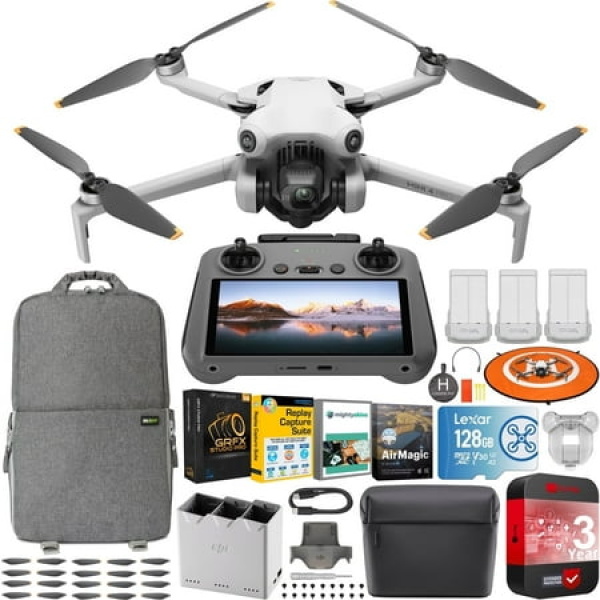 DJI Mini 4 Pro Folding Drone with RC 2 Remote (With Screen) Fly More Combo 4K HDR Video Under 249g Omnidirectional Sensing 3 Batteries Bundle with 3 Year CPS Extended Warranty & Accessories