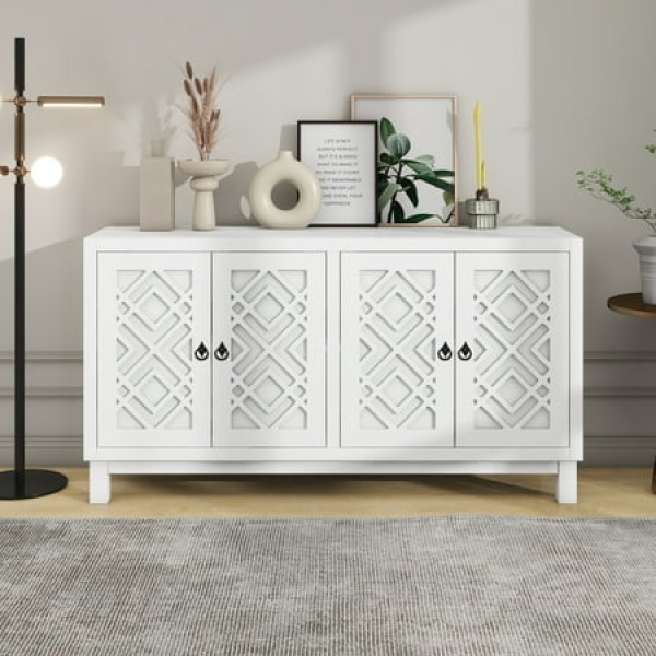 EUROCO 60 Sideboard Storage Buffet Cabinet 4 Door Buffet Cabinet with Pull Ring Handles and Adjustable Shelves for Living Room Dining Room White